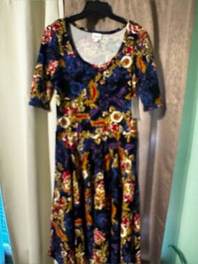 LuLaRoe Nicole Size Large  Dress Blue Pink Orange Paisley Floral Fit Flare NWT